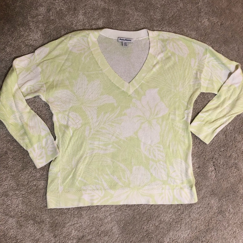 Tommy Bahama Mahana Lime Green White Tropical Floral V-Neck Sweater Sz L - Picture 2 of 7
